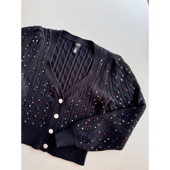 NWOT AQUA Black Rhinestone Studded Cable Knit Cardigan Sweater, Size S - Picture 3 of 10